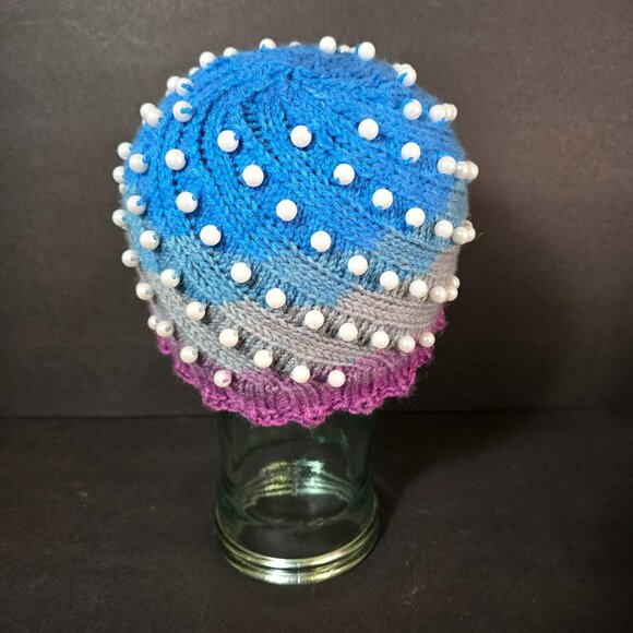 Handmade Knit Hat Faux Pearl Pink & Blue Swirl Design Warm Winter Cap Wool Blend - Picture 4 of 7